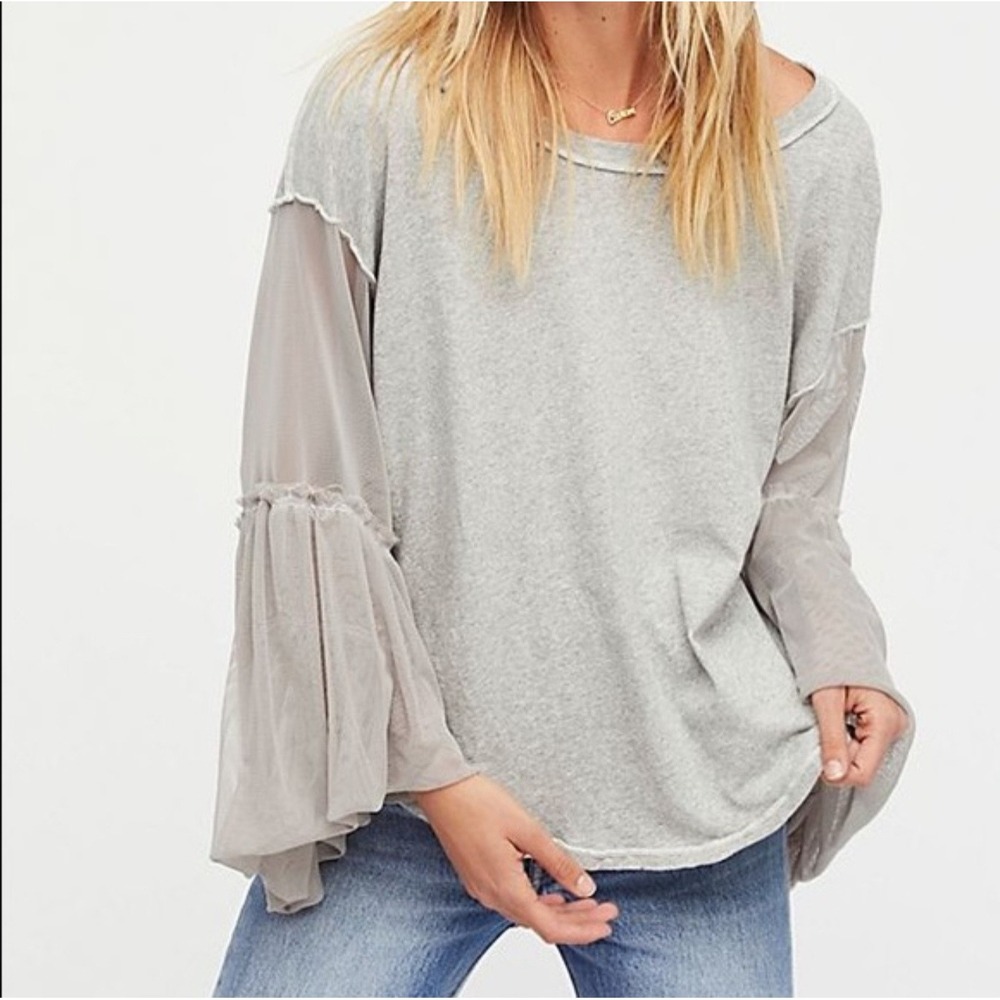 Free People Bell Sleeve Top Women XS Gray Mesh Tiered Ruffle Boho Chic Y2K Fairy